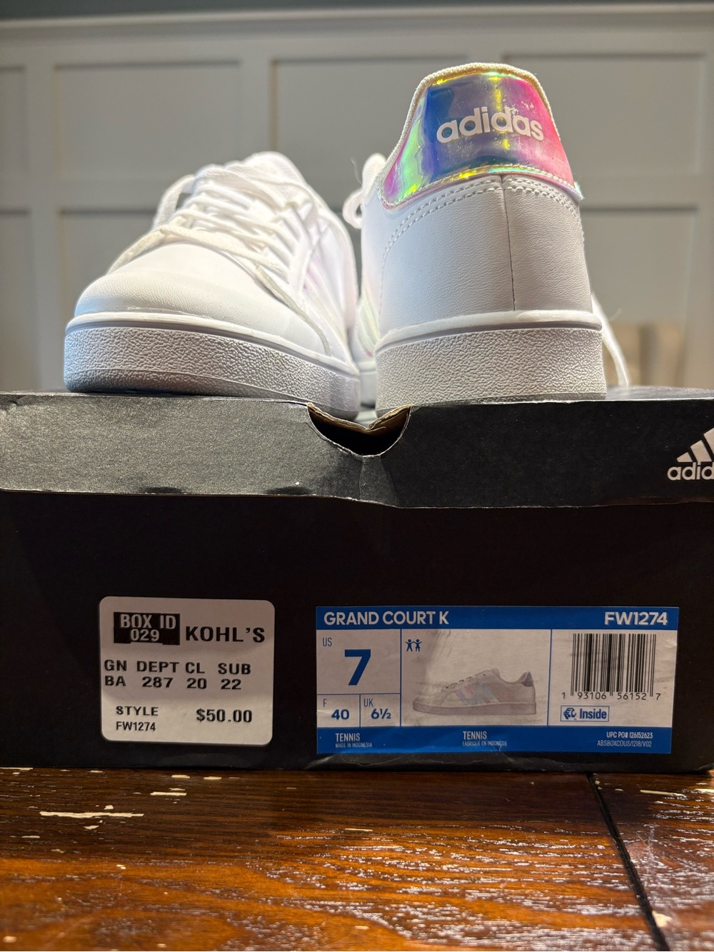 adidas women’s Grand Court K White Sneakers with Iridescent Heel Tab